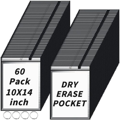 60 Packs Dry-Erase Pockets Bulk Oversized Reusable Dry Erase Pocket Sleeves with 4 Rings, 10x14 Black Ticket Holders, Clear Plastic Sheet Protectors, Teacher School Classroom Supplies - color: Black, size: 10 X 14"-60 PCS