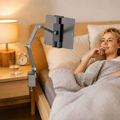 Houele Tablet Stand Holder, Adjustable Foldable Tablet Arm iPad Desk Mount with 360°Rotate Base, Phone Holder iPad Stand for Desk and Bed, Compatible with Tablets, Phones or Other 4-15.6" Device - color: Grey