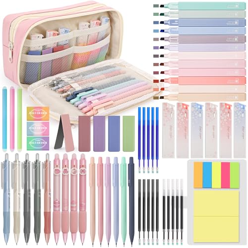 DazSpirit 61PCS Aesthetic College School Supplies Set with Cute Pencil Case | Pastel No Bleed Highlighters, Gel & Erasable Pens, Mechanical Pencils, Refills & Sticky Notes, Complete Stationery Kit - color: Pink