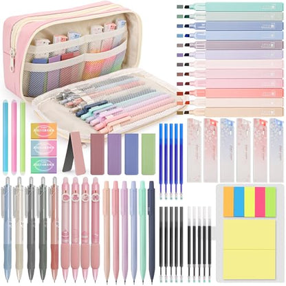 DazSpirit 61PCS Aesthetic College School Supplies Set with Cute Pencil Case | Pastel No Bleed Highlighters, Gel & Erasable Pens, Mechanical Pencils, Refills & Sticky Notes, Complete Stationery Kit - color: Pink