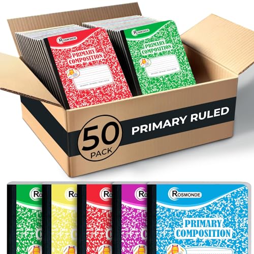 Rosmonde 50 Pack Bulk Composition Notebooks, Primary Ruled, Assorted Colors | Bulk Primary Composition Notebooks, 200 Pages (100 Sheets), Sewn Binding Hard Cover, Grades K-2, Bulk Writing Dotted Lined - size: 50 Bulk Value Pack