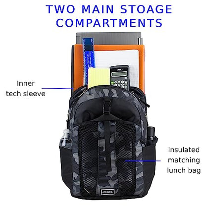 FUEL Lunch Backpack Set Teens Student Water Resistant Bookbag Bag Soft Reusable Insulated Cooler Lunch Box Thermal Travel Office Lunch Bag, Grey Camo - color: Black
