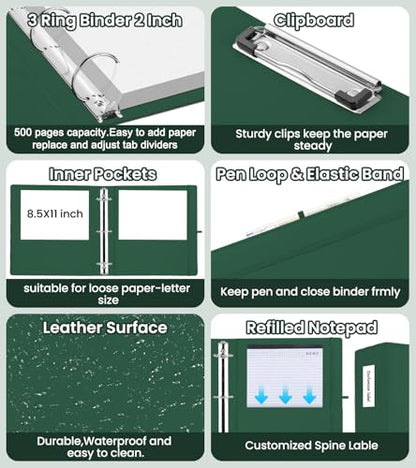 3 Ring Binder with Clipboard,2 Inch Binders with Notepad&5 Dividers with Pockets, Labels,PU Clipboards for School Office(Green,Letter Size) - color: Green, size: Letter Size -2 Inch