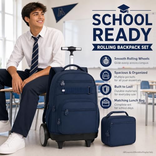 3Pcs Large Rolling Backpack for Teen Boys Men, 20 Inch Detachable Wheeled Bookbag with Lunch Box, Durable Oxford Cloth Roller Backpack for College School Travel (Blue) - color: Large Wheels Classic Blue