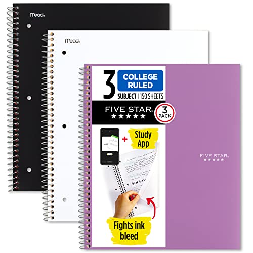 Five Star Spiral Notebook + Study App, 3 Subject, College Ruled Paper, 11" x 8-1/2", 150 Sheets, Assorted Colors, 3 Pack (820192) - color: Black, White, Amethyst Purple, size: 3 Pack