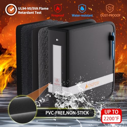 ENGPOW 3 Ring Binder,Fireproof 3 Inch D Ring Binder with Zipper,Holds 750 Sheets,Non-Stick,PVC-Free,Compatible with Clear Sheet Protectors,Portable School Office Home Safe Storage for Paper,Black - size: 3 inch