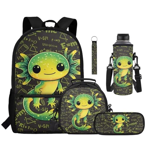 Green Axolotl School Backpack Set 5 Pieces with Lunch Bag Pencil Case and Water Bottle Holder for Kids Girls Boys Elementary and Middle School - color: Green Axolotl