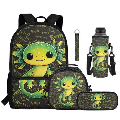 Green Axolotl School Backpack Set 5 Pieces with Lunch Bag Pencil Case and Water Bottle Holder for Kids Girls Boys Elementary and Middle School - color: Green Axolotl