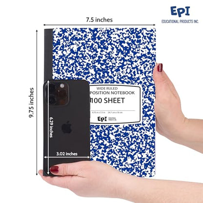 4 Pack - EPI Wide Ruled Marble Composition Notebook - Blue 200 Page Note Book - 9.75 x 7.5 Inch Hardcover Journal with Sewn Binding for Secure Pages - Classroom Back to School Supplies - color: Blue, size: 4