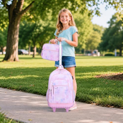 DIGOBAY Rolling Backpack for Girls, Cute Girls Backpack with Wheels, Kids Wheeled backpacks Set with Lunch Bag Pencil Case for Teen Girl, Roller School Bag with Wheels for Elementary Middle School - color: Purple Tie-dye