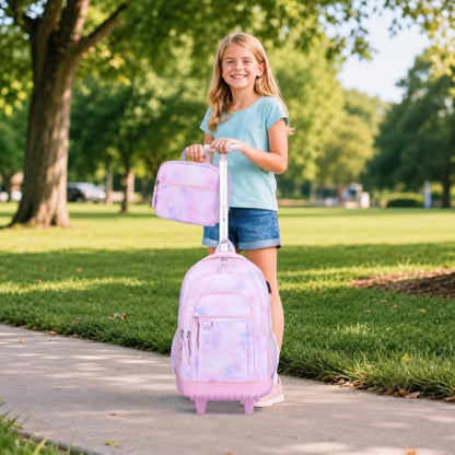 DIGOBAY Rolling Backpack for Girls, Cute Girls Backpack with Wheels, Kids Wheeled backpacks Set with Lunch Bag Pencil Case for Teen Girl, Roller School Bag with Wheels for Elementary Middle School - color: Purple Tie-dye