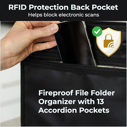Accordion File Organizer Fireproof, Water-Resistant Document Bag-13 Pocket File Folder-RFID Pocket,Labels,Combination Lock,Reflective Shoulder Strap-Important Document Folder-Home,Office,Travel