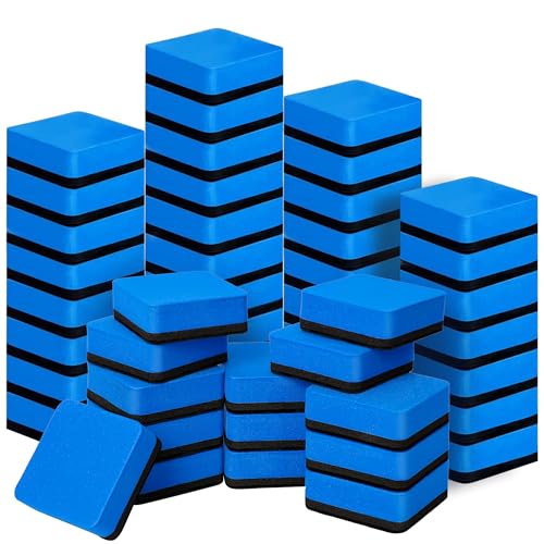 LOCONHA 48 Pack Magnetic Whiteboard Dry Erase Erasers Chalkboard Cleansers | Small Magnetic Erasers, Fine Tip, Low Odor, For Office Classroom Home - color: Blue