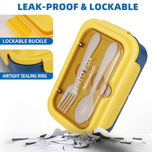 Fanhaw 40 Oz/5 Cup Bento Box for Kids, Men and Women, Lunch Box with 3 Compartments, Utensil, Microwave & Dishwasher Safe (Yellow) - color: Yellow