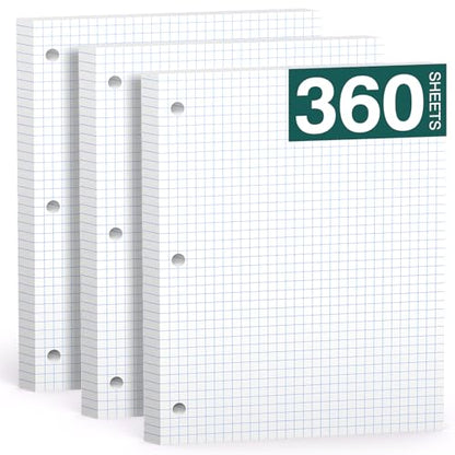 Loose Leaf Graph Paper Notebook 8 X 10.5, 360 Sheets Graphing Paper，3 Hole Punched，4x4 Quad Ruled Grid Notebook Paper, 10-1/2" X 8 Binder Filler Paper For, Engineering, Office, School - style: White-4x4 Graph-3 Pack