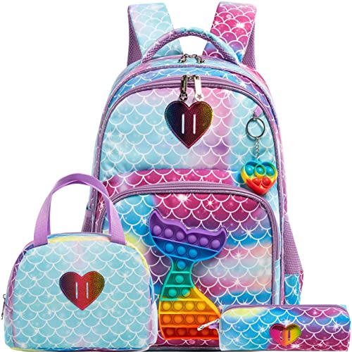 Backpack for Girls Elementary Preschool Kids Lunch Box for School - color: Mermaid Bag