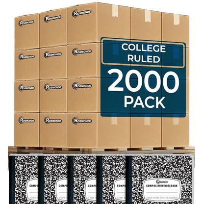 Rosmonde 2000 Pack Composition Notebooks Bulk, College Ruled, Black Marble | Full Pallet of Notebooks, 200 Pages/100 Sheets, 9-3/4 x 7-1/2, Bulk Notebooks for School, College & Office, 4-7 Days Transit - size: 2000 Pack | Full Pallet, style: Black Marble