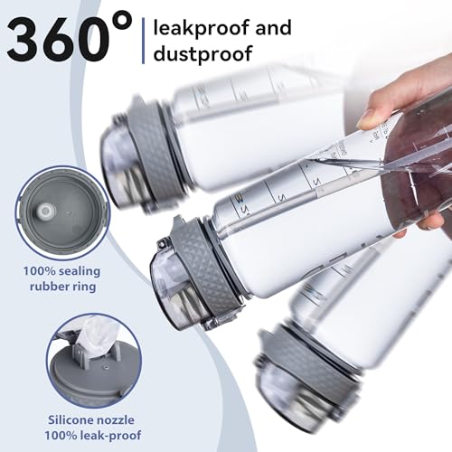GOPPUS 32 oz Clear Water Bottle with Straw, BPA Free Tritan Water Bottle, Leakproof Clear Motivational Water Bottle, Wide Mouth Sports Water Bottle for Gym, Hiking, School, Office - color: C-Grey