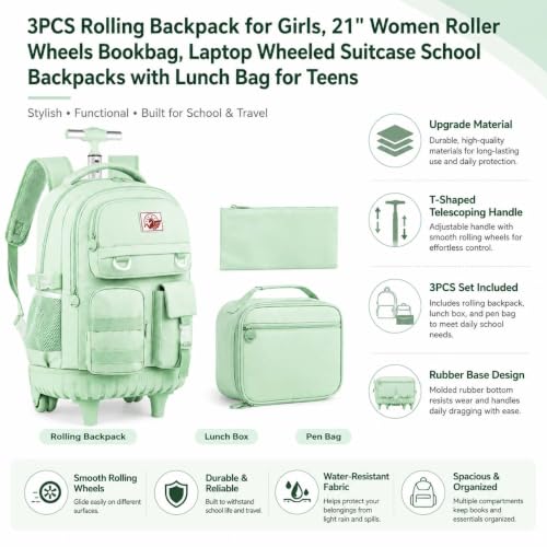 WZLVO Rolling Backpack for Women, 21 inch Roller Wheels Backpacks with Lunch Bag, Water Resistant Wheeled Bookbag for Teens Girls Travel Elementary - Green - color: Green