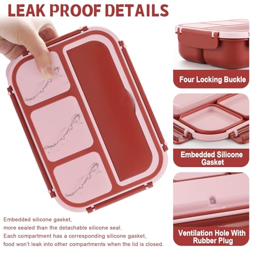 shell and turtle Bento Box Adult Lunch Box, Lunch Containers for Kids Girls Boys with 4 Compartments, Lunchable Food Container with Utensils, Sauce Jar, Muffin Liners, 40 Oz/5 Cup, Retro Red - color: Retro Red