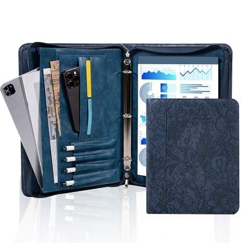 AZXCG Embossed Padfolio for Women,Zippered Padfolio with 3 Ring Binder,Business Portfolio Organizer for Women with A4 Writing Pad Holder, Leather Portfolio Binder for Business,School,Work - color: Dark Blue