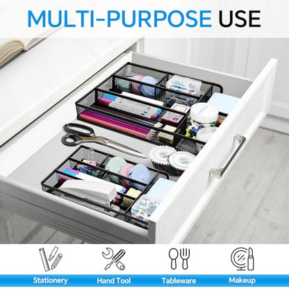 Desk Drawer Organizer, Office Drawer Divider Organizer Tray with 6 Compartments, Metal Mesh Desktop Organization and Accessories for Stationery Makeup Kitchen Toolroom School ＆Office, 12.6x8.27x1.6 in - size: Large