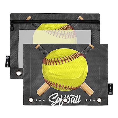 Yellow Softball Baseball Binder Pencil Pouch 3 Ring, Clear Window Zipper Pencil Case Bags Office Supplies 2 Pack