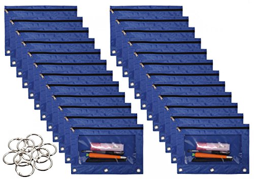 24 Packs 3 Ring Binder Pen Pencil Case Pouch Bulk Set Stationery Bag for School Class Office Blue - color: blue
