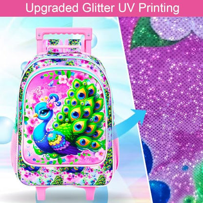 KLFVB Girls Bookbag with Wheels, 3PCS Kids Roller Backpack with Lunch Bag, Wheeled School Bag for Children - Peacock - color: Upgraded UV Printing Peacock Pink Rolling Backpack