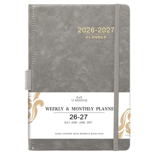 2026-2027 Planner - Weekly Monthly Calendar from July 2026 - June 2027, 5.85‘' x 8.5'' Agenda 2026-2027 with Leather Cover, Pen Holder, Elastic Closure, Ruled pages - color: Grey