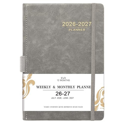 2026-2027 Planner - Weekly Monthly Calendar from July 2026 - June 2027, 5.85‘' x 8.5'' Agenda 2026-2027 with Leather Cover, Pen Holder, Elastic Closure, Ruled pages - color: Grey