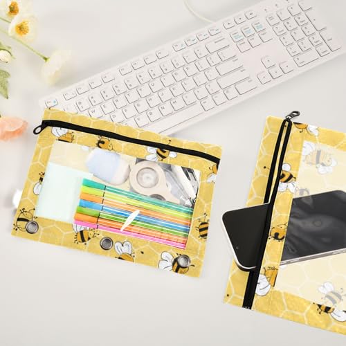 Kcldeci Pencil Pouch for 3 Ring Binder, Bees on The Honey Honeycombs 2 Pack Binder Pencil Pouch with Clear Window Pencil Bags with Zipper Pencil Case for Binder - color: B07