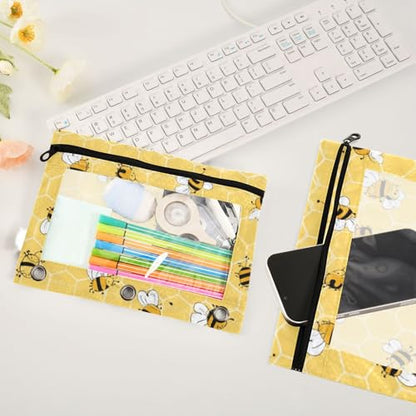 Kcldeci Pencil Pouch for 3 Ring Binder, Bees on The Honey Honeycombs 2 Pack Binder Pencil Pouch with Clear Window Pencil Bags with Zipper Pencil Case for Binder - color: B07