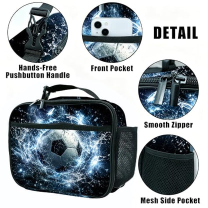 Soccer Lunch Bag Insulated Reusable Lunch Box Kids Girls Boys Cooler Thermal Tote Bag For Men Women School Work Picnic - color: Soccer