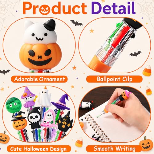 Vellibring 24 Pcs Halloween Pens 4-in-1 Mini Multicolor Retractable Ballpoint Pens Pumpkin Ghost Bat Witch Skull Cute Pens Halloween Party Favors Goodie Bag Fillers Classroom Rewards Stationery Gift - style: Cute Halloween-24pcs