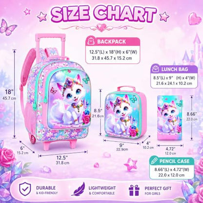 3Pcs Rolling Backpack for Girls, Kids Roller School Backpack with Wheels, Fox Wheeled Bookbag for Elementary Preschool Kindergarten(Pink) - color: Fox Pink
