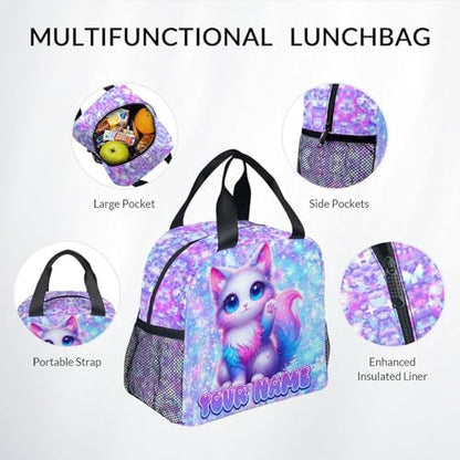COZYAURA Cat Backpack for Girls Personalized with Name - 3-Piece School Bag Set with Insulated Lunch Box & Pencil Case for Kindergarten & Elementary Students - color: White