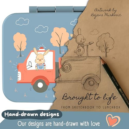 BEARFOOT Kids Lunch Box with Compartments – Compact & Lightweight | Leak-Proof, BPA-Free, Dishwasher Safe | Hand-Drawn Design for Preschool, School, Travel (Firetruck Bunnies Blue, 4 Cups) | BPA Free Leakproof Lunch Box with Compartments School & Nursery