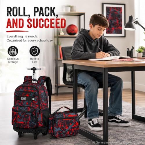3Pcs Rolling Backpack for Boys, 19 Inche Adults Roller Bag with Wheels, Graffiti Wheeled Bookbag Set for Men(Red) - color: Graffiti Red