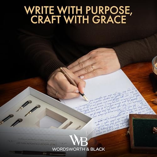 Wordsworth & Black Fountain Pen Gift Set, Includes Ink Bottle, 6 Cartridges, Refill Converter, 4 Replacement Nibs, Luxury Bamboo, Journaling, Calligraphy, Smooth Writing Pens [Brown Wood] - color: Brown Wood