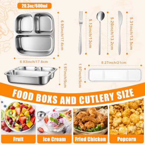36 Pcs Stainless Steel Snack Container Set with Fork, Knife, Spoon & Chopsticks – 6 Pack 20.3 oz Leakproof Bento Snack Boxes, 2-compartment Food Storage Container for Fruit, Meal Prep & Travel - style: 3-compartments