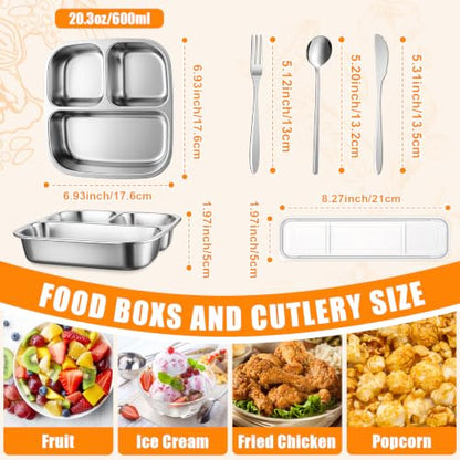 36 Pcs Stainless Steel Snack Container Set with Fork, Knife, Spoon & Chopsticks – 6 Pack 20.3 oz Leakproof Bento Snack Boxes, 2-compartment Food Storage Container for Fruit, Meal Prep & Travel - style: 3-compartments