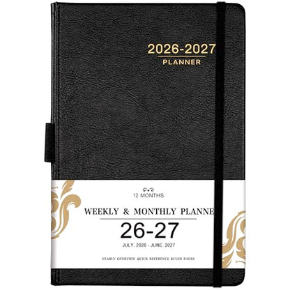 Planner 2026-2027 - 2026-2027 Weekly Monthly Calendar, July 2026 - June 2027, 5.85'' x 8.5'' Agenda with Leather Cover, Pen Holder, Elastic Closure, 24 Ruled Pages - color: Black