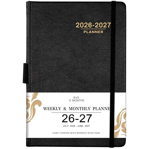 Planner 2026-2027 - 2026-2027 Weekly Monthly Calendar, July 2026 - June 2027, 5.85'' x 8.5'' Agenda with Leather Cover, Pen Holder, Elastic Closure, 24 Ruled Pages - color: Black
