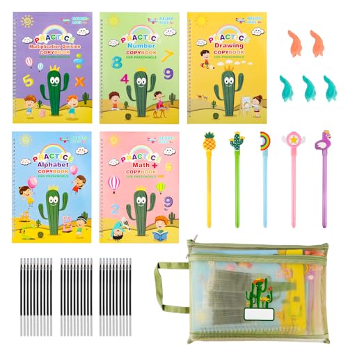 Large Reusable Grooved Handwriting Practice Workbooks for Kids Ages 3-8 Magic Disappearing Ink & 3D Groove Preschool Kindergarten Children Writing Books 5-Book Set with Pen Grips