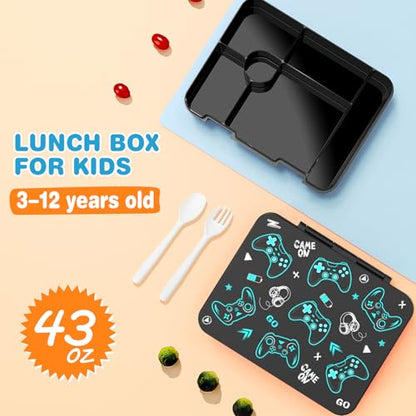 ACESAK Boys Backpack - Black Game Console Bento Box with Insulated Lunch Bag Pencil Case & Utensils Set for Kids, 6 Leakproof Compartments Removable Tray Lunches or Snack Container - color: Black Game Console