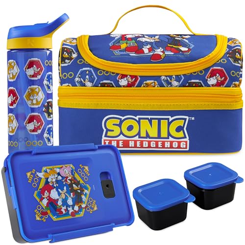 Get Trend Sonic the Hedgehog Kids Lunch Box 3 Pc Set with Insulated Lunch Bag, Bento Box with Two Mini Pots & 20 fl oz Water Bottle with Straw for School, Picnic, Gamer Gifts for Boys (Blue Sonic) - color: Blue Sonic