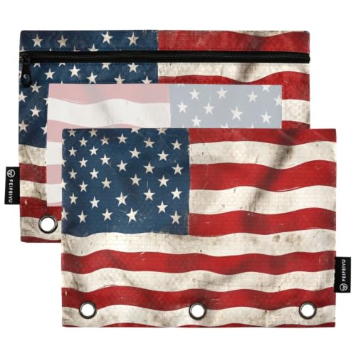 Gredecor 3 Ring Binder Pencil Pouch, American Flag Wooden Pattern-2 Zippered Pen Case Pouches with Clear Window, 2 Pack Stylish Office & School Supplie - color: American Flag Wooden Pattern-2