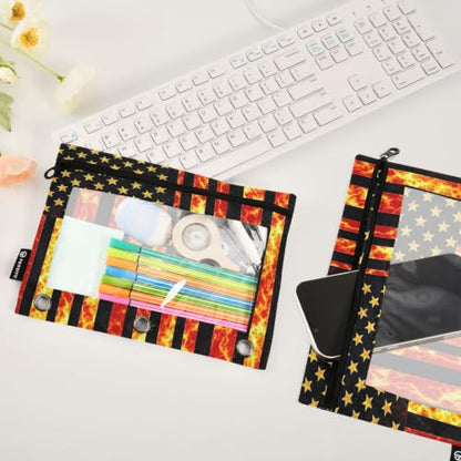 Gredecor 3 Ring Binder Pencil Pouch, American Flag with Fiery Zippered Pen Case Pouches with Clear Window, 2 Pack Stylish Office & School Supplie - color: American Flag With Fiery