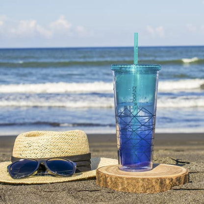 bzyoo 32 OZ 1 Liter Time Marker Water Bottle BPA Free Frosted Durable Plastic With Strap&24oz (710ml) Double Wall Plastic Tumbler with Lid and Straw